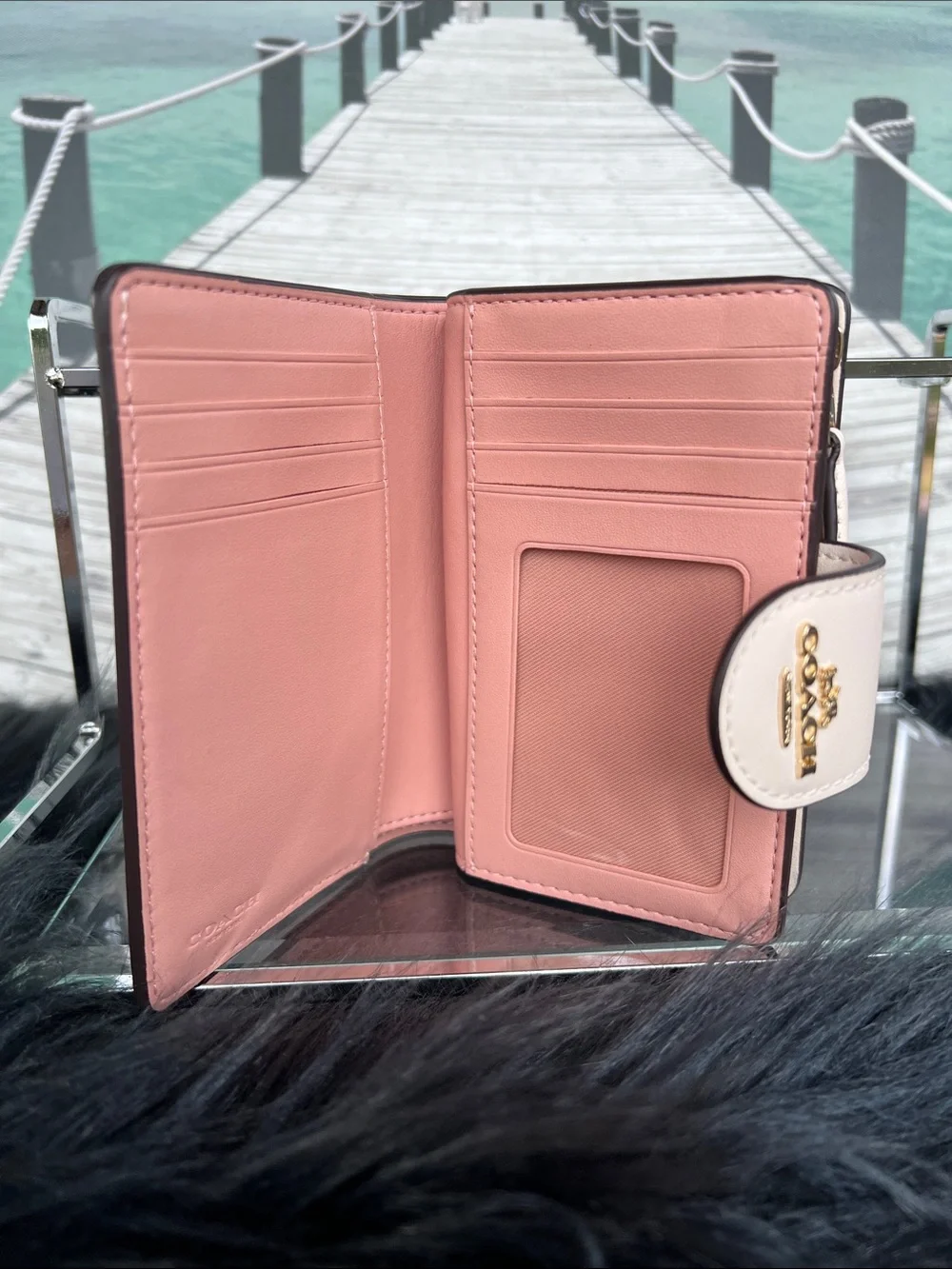 Coach Beige Pink Floral Small Wallet with White Snap